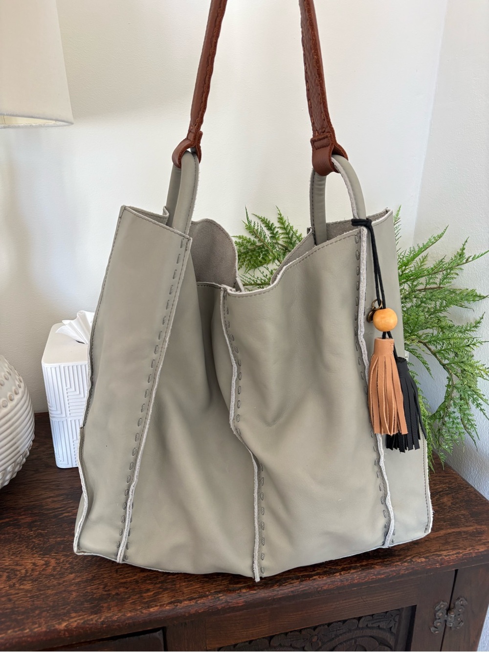 The Sak Los Feliz Large Classic Slouch Tote Bag Meadow Green with Tassel Accent